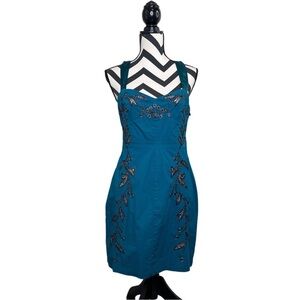 Free People Y2K Boho Sz 00 Leaf Motif Ocean Embriodered Boho Mini Dress